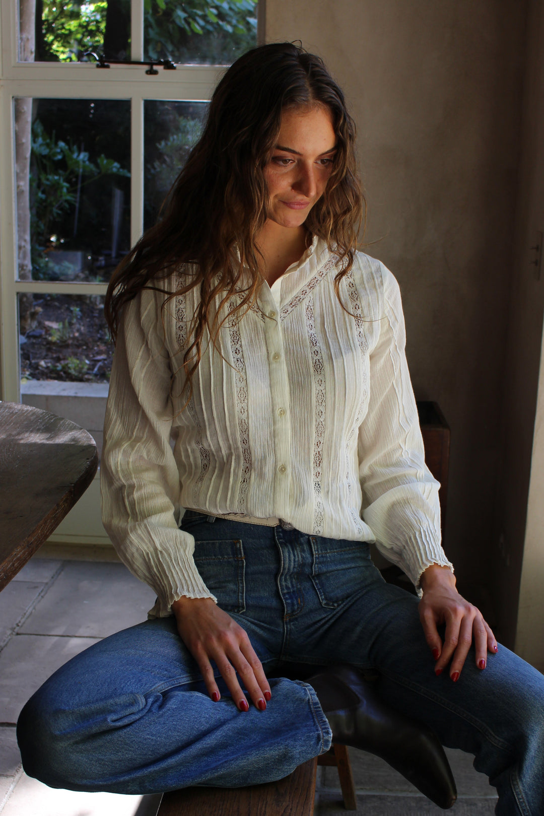 India Grace London Isadora Blouse in white cotton voile with lace mandarin collar and pin tucks