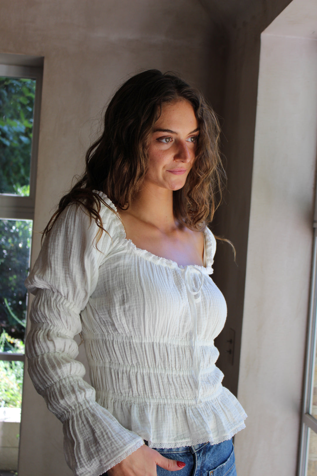 India Grace London Clementine Blouse in white cotton voile with ribbon-tie neckline