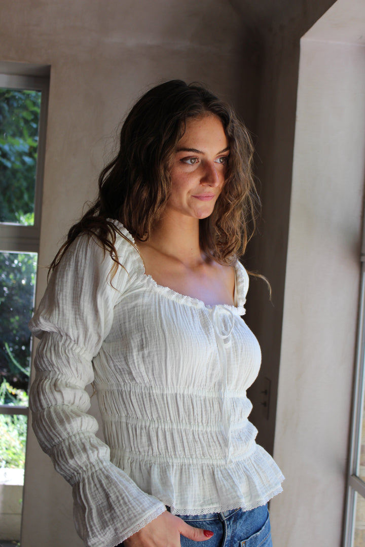 India Grace London Clementine Blouse in white cotton voile with ribbon-tie neckline