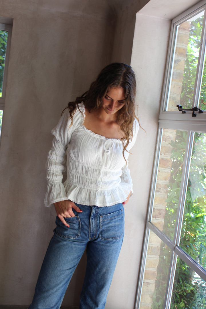 India Grace London Clementine Blouse in white cotton voile with ribbon-tie neckline