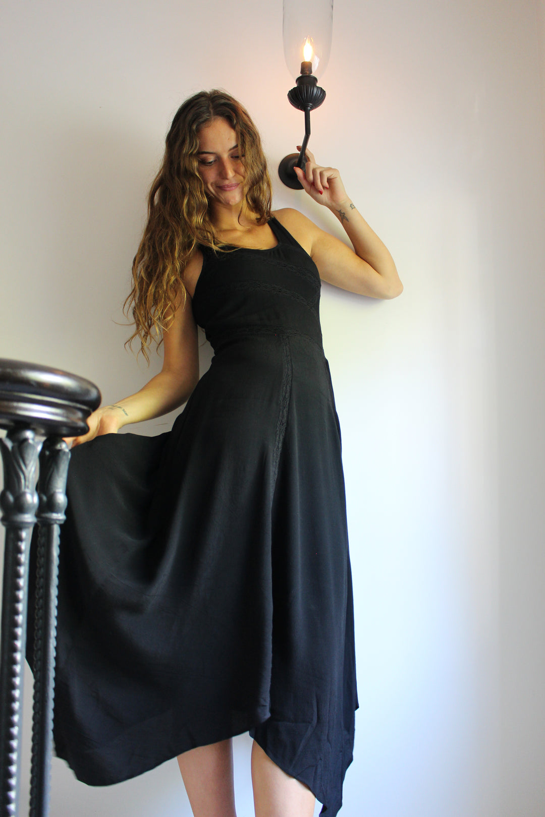 India Grace London Cicily Dress, black viscose midi dress with lace panelling